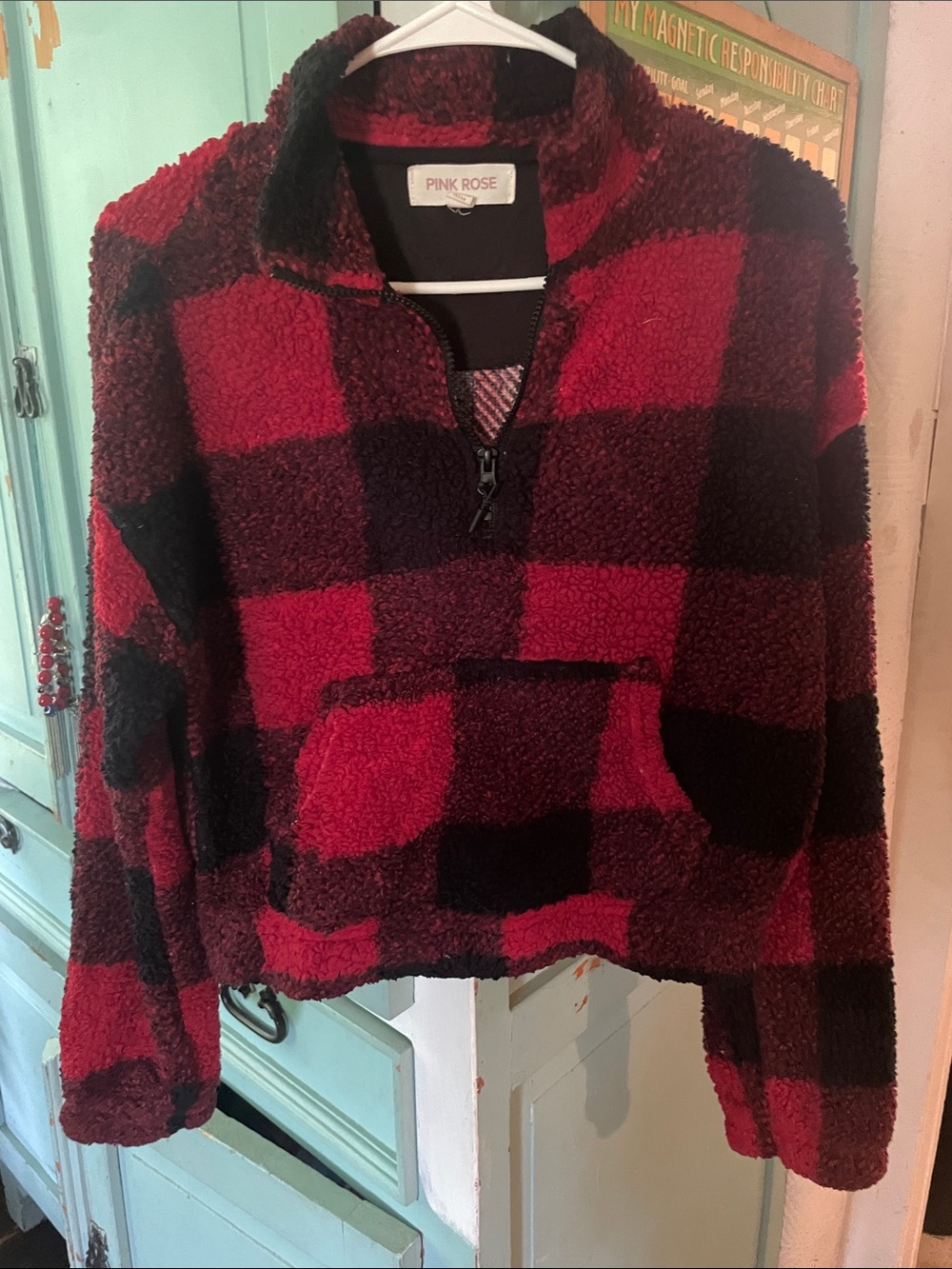 Pink Rose Red & Black Buffalo Check Sherpa Half-Zip Pullover